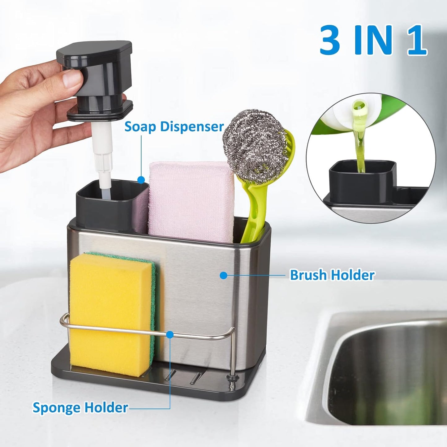 Hogarama CleanDock™ – Dispensador 3 en 1 de Jabón y Organizador de Esponjas